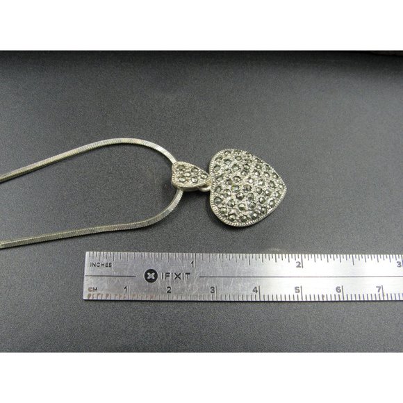 24" Sterling Silver Heart Love Marcasite Pendant Necklace Vintage Minimalist - Picture 5 of 6